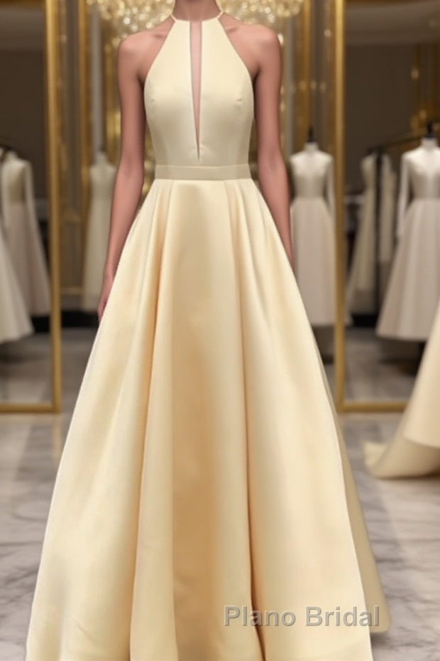 Simple Halter Yellow Satin Long Formal Prom Dresses 2019, Yellow Formal Dresses Long Evening Dresses