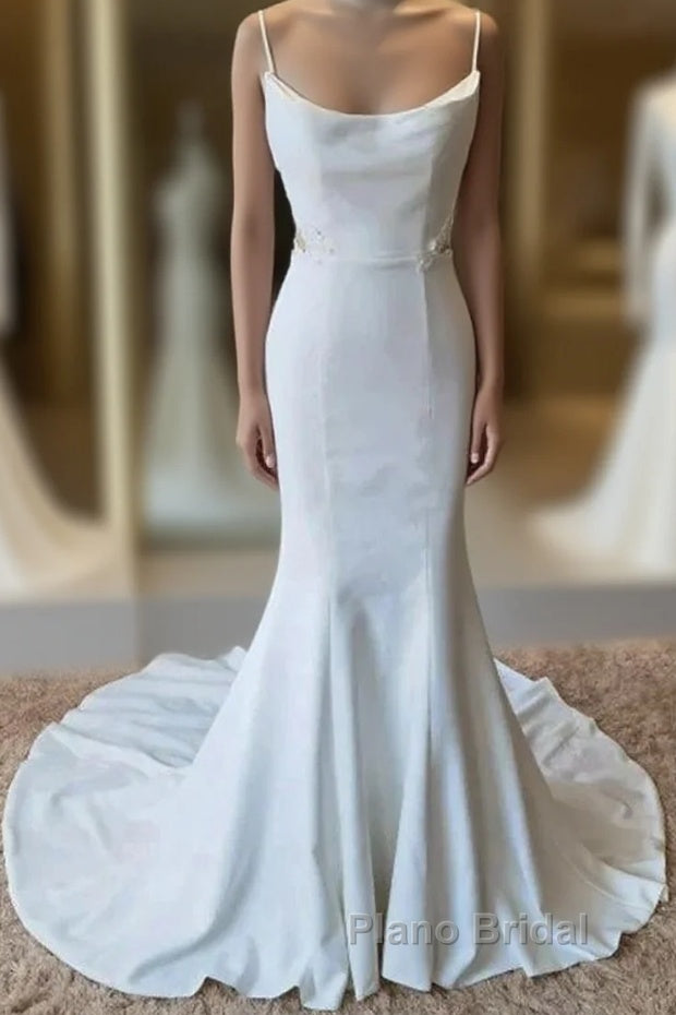 Simple Italian Noodle Strap Satin Mermaid Modern Floor Mopping Wedding Dresses Main image