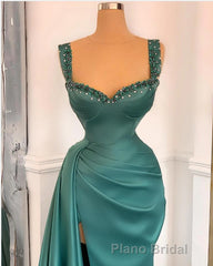Simple Long A-Line Sweetheart Satin Formal Prom Dresses With Slit