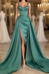 Simple Long A-Line Sweetheart Satin Formal Prom Dresses With Slit