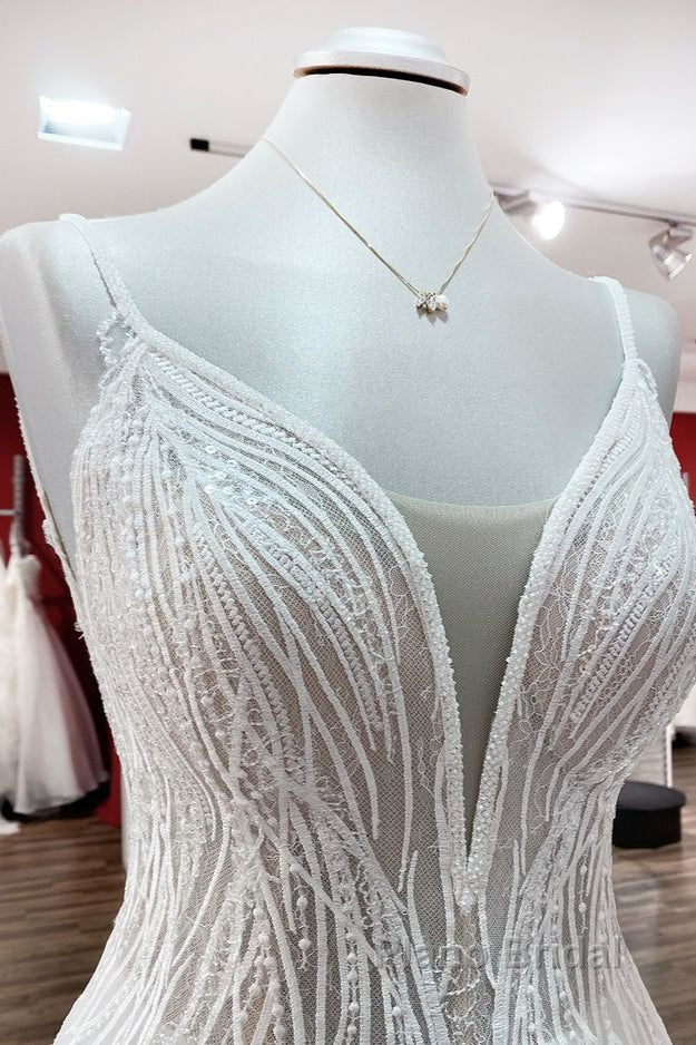 Simple Long V-neck Sequins Ruffles A-line Tulle Backless Wedding Dress