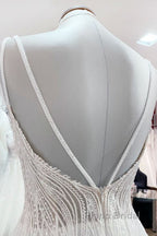 Simple Long V-neck Sequins Ruffles A-line Tulle Backless Wedding Dress