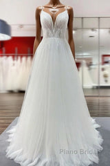 Simple Long V-neck Sequins Ruffles A-line Tulle Backless Wedding Dress