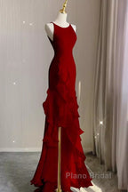 Simple Mermaid Red Chiffon Long Formal Prom Dresses
