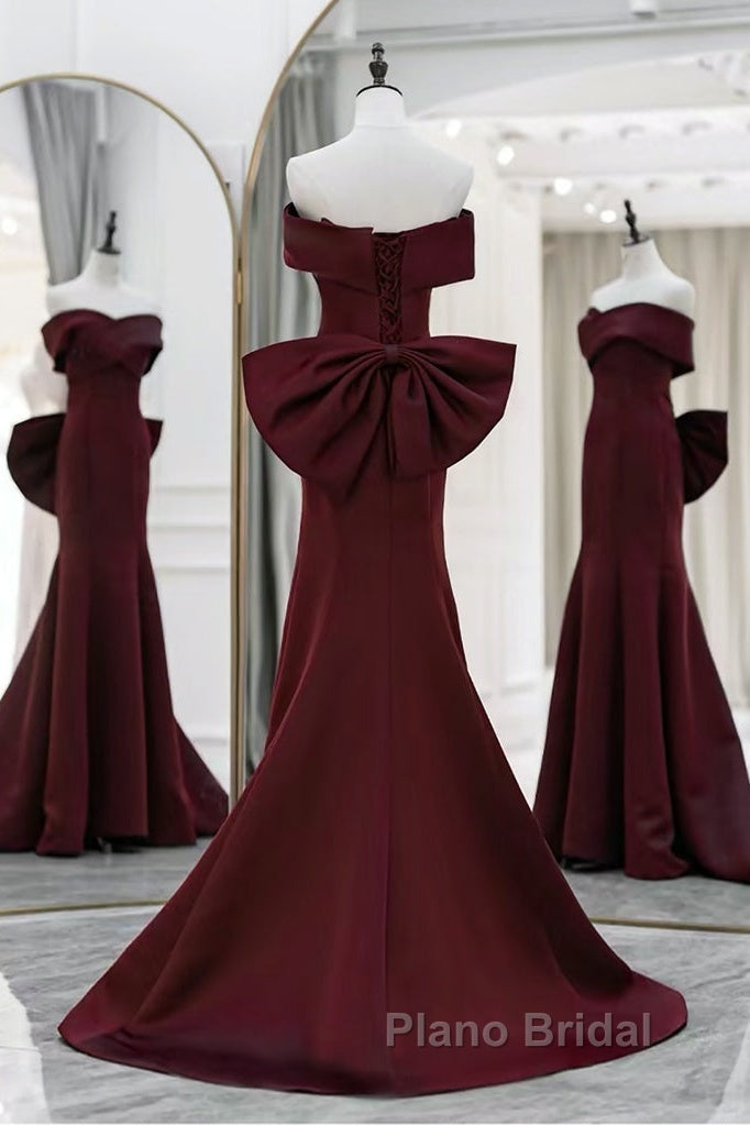 Simple Mermaid Satin Burgundy Long Formal Prom Dresses, Burgundy Long Formal Dresses