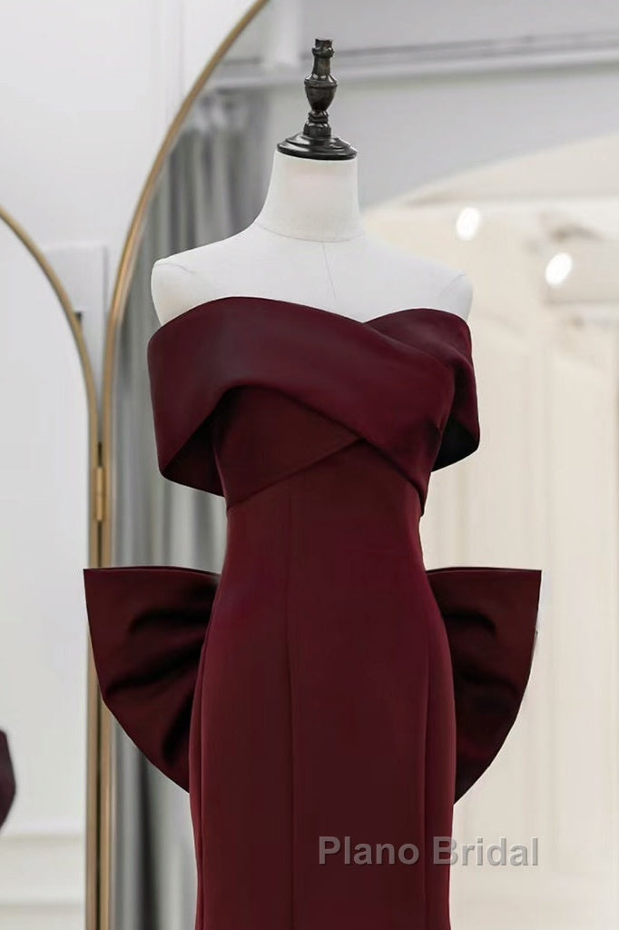 Simple Mermaid Satin Burgundy Long Formal Prom Dresses, Burgundy Long Formal Dresses