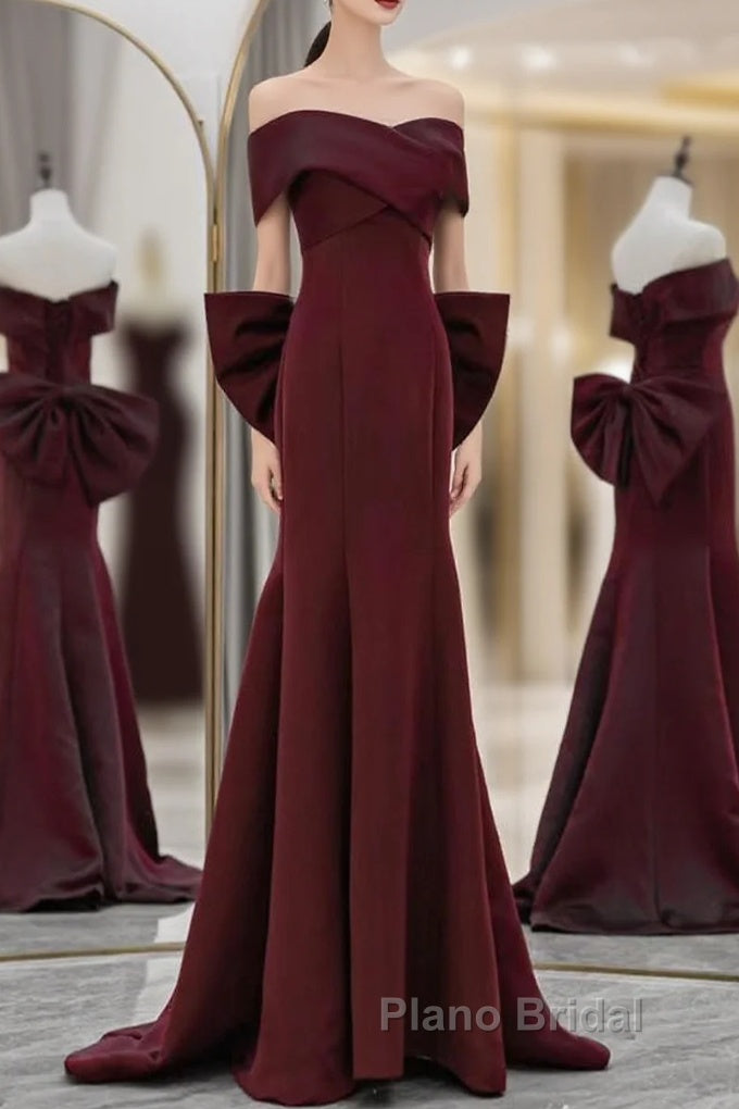 Simple Mermaid Satin Burgundy Long Formal Prom Dresses, Burgundy Long Formal Dresses Main image