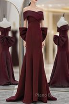 Simple Mermaid Satin Burgundy Long Formal Prom Dresses, Burgundy Long Formal Dresses