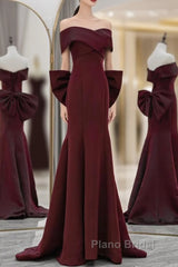 Simple Mermaid Satin Burgundy Long Formal Prom Dresses, Burgundy Long Formal Dresses