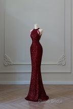Simple Mermaid Scoop Neckline Burgundy Sequin Long Party Dresses Formal Prom Dresses