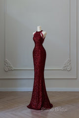 Simple Mermaid Scoop Neckline Burgundy Sequin Long Party Dresses Formal Prom Dresses