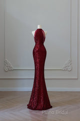 Simple Mermaid Scoop Neckline Burgundy Sequin Long Party Dresses Formal Prom Dresses