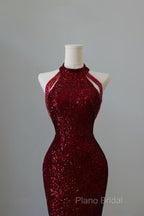 Simple Mermaid Scoop Neckline Burgundy Sequin Long Party Dresses Formal Prom Dresses