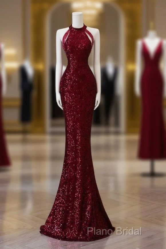 Simple Mermaid Scoop Neckline Burgundy Sequin Long Party Dresses Formal Prom Dresses Main image