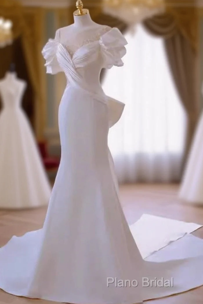 Simple Mermaid Scoop Neckline Satin White Long Wedding Dresses Main image