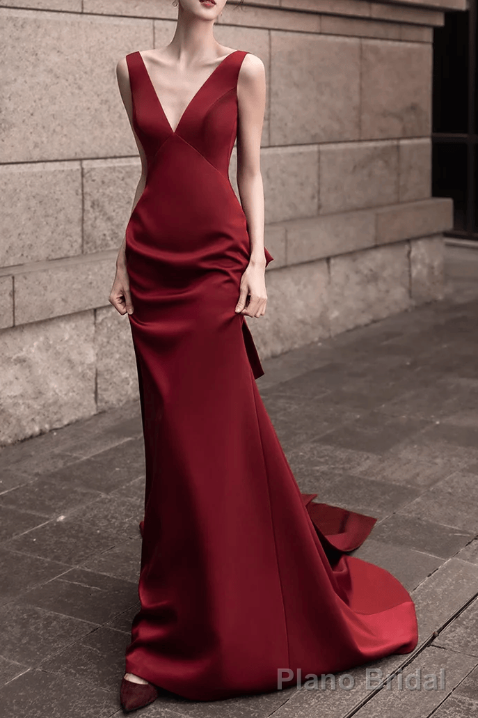 Simple Mermaid V neckline Party Dresses Long Burgundy Prom Dresses Main image