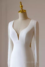 Simple Mermaid V Neckline Satin Ivory Long Sleeves Wedding Dresses