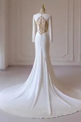 Simple Mermaid V Neckline Satin Ivory Long Sleeves Wedding Dresses