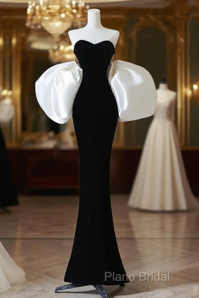 Simple Mermaid Velvet Puff Sleeves Black Long Formal Prom Dresses, Black Formal Dresses Main image