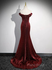 Simple Off Shoulder Burgundy Long Formal Prom Dresses, Burgundy Long Formal Dresses