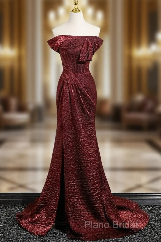 Simple Off Shoulder Burgundy Long Formal Prom Dresses, Burgundy Long Formal Dresses