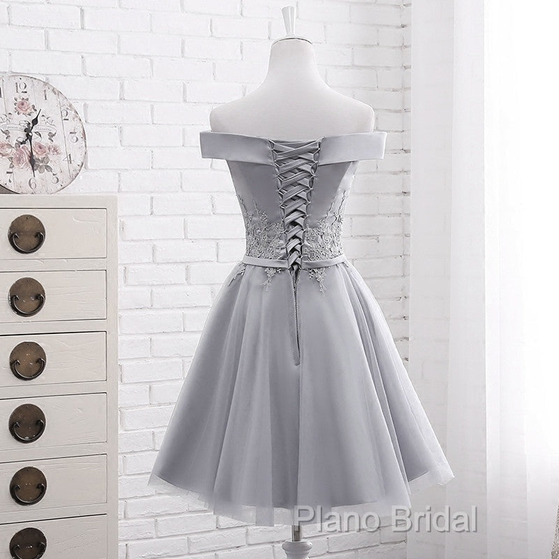 Simple Off Shoulder Grey Tulle Applique Bridesmaid Dresses, Knee Length Formal Dresses, Party Dresses Secondary image