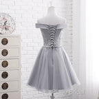 Simple Off Shoulder Grey Tulle Applique Bridesmaid Dresses, Knee Length Formal Dresses, Party Dresses
