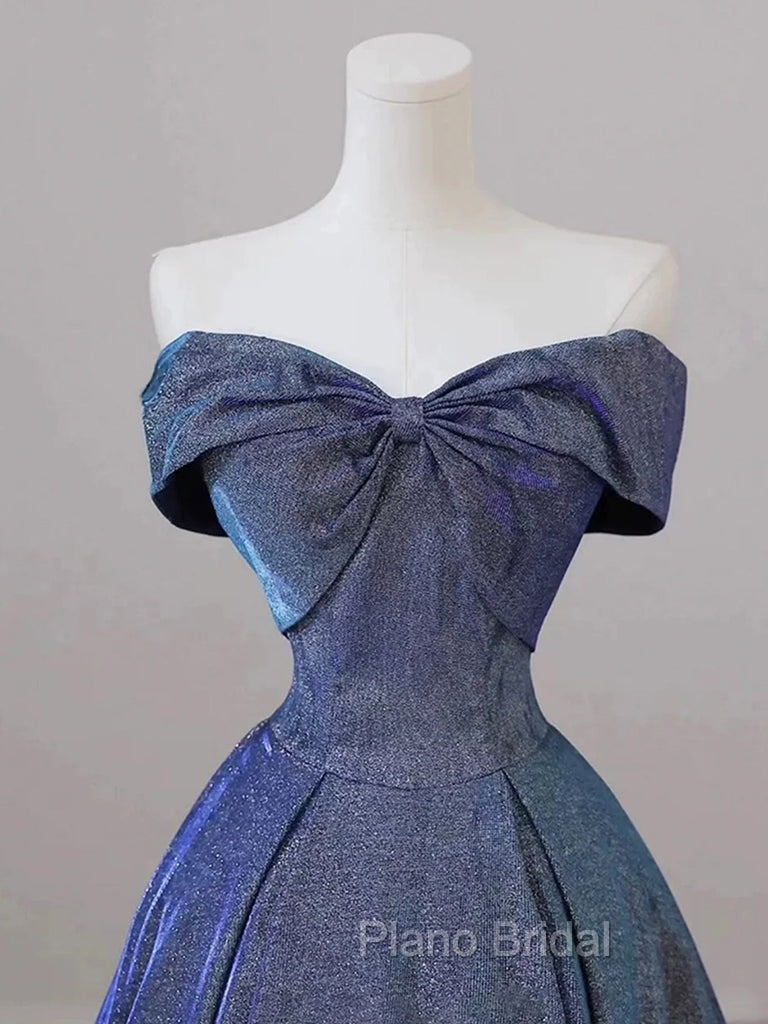 Simple Off Shoulder Satin Blue Long Formal Prom Dresses, Blue Long Formal Dresses Secondary image