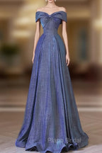 Simple Off Shoulder Satin Blue Long Formal Prom Dresses, Blue Long Formal Dresses