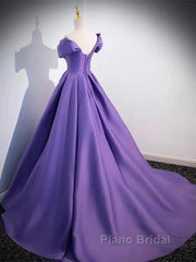 Simple Off Shoulder Satin Purple Long Formal Prom Dresses Court Train Dresses Evening Dresses