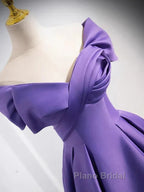 Simple Off Shoulder Satin Purple Long Formal Prom Dresses Court Train Dresses Evening Dresses