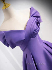 Simple Off Shoulder Satin Purple Long Formal Prom Dresses Court Train Dresses Evening Dresses