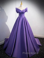 Simple Off Shoulder Satin Purple Long Formal Prom Dresses Court Train Dresses Evening Dresses