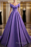 Simple Off Shoulder Satin Purple Long Formal Prom Dresses Court Train Dresses Evening Dresses