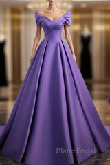 Simple Off Shoulder Satin Purple Long Formal Prom Dresses Court Train Dresses Evening Dresses