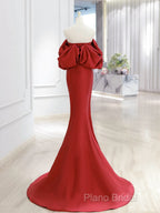 Simple Off Shoulder Satin Red Mermaid Long Formal Prom Dresses, Red Long Formal Dresses
