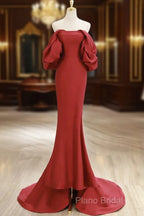 Simple Off Shoulder Satin Red Mermaid Long Formal Prom Dresses, Red Long Formal Dresses