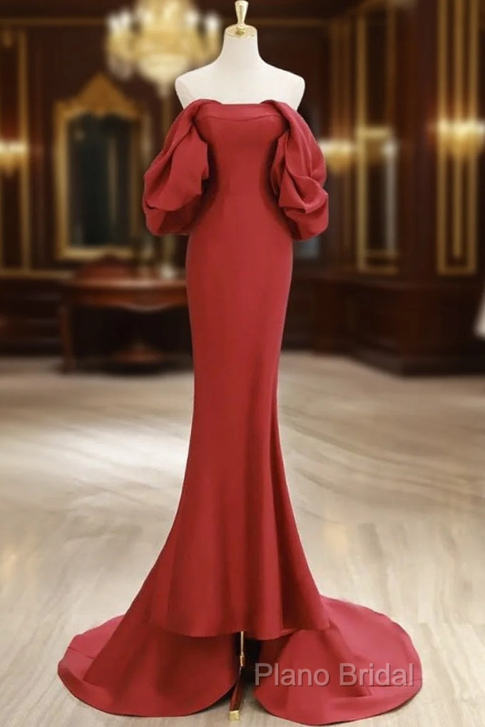 Simple Off Shoulder Satin Red Mermaid Long Formal Prom Dresses, Red Long Formal Dresses