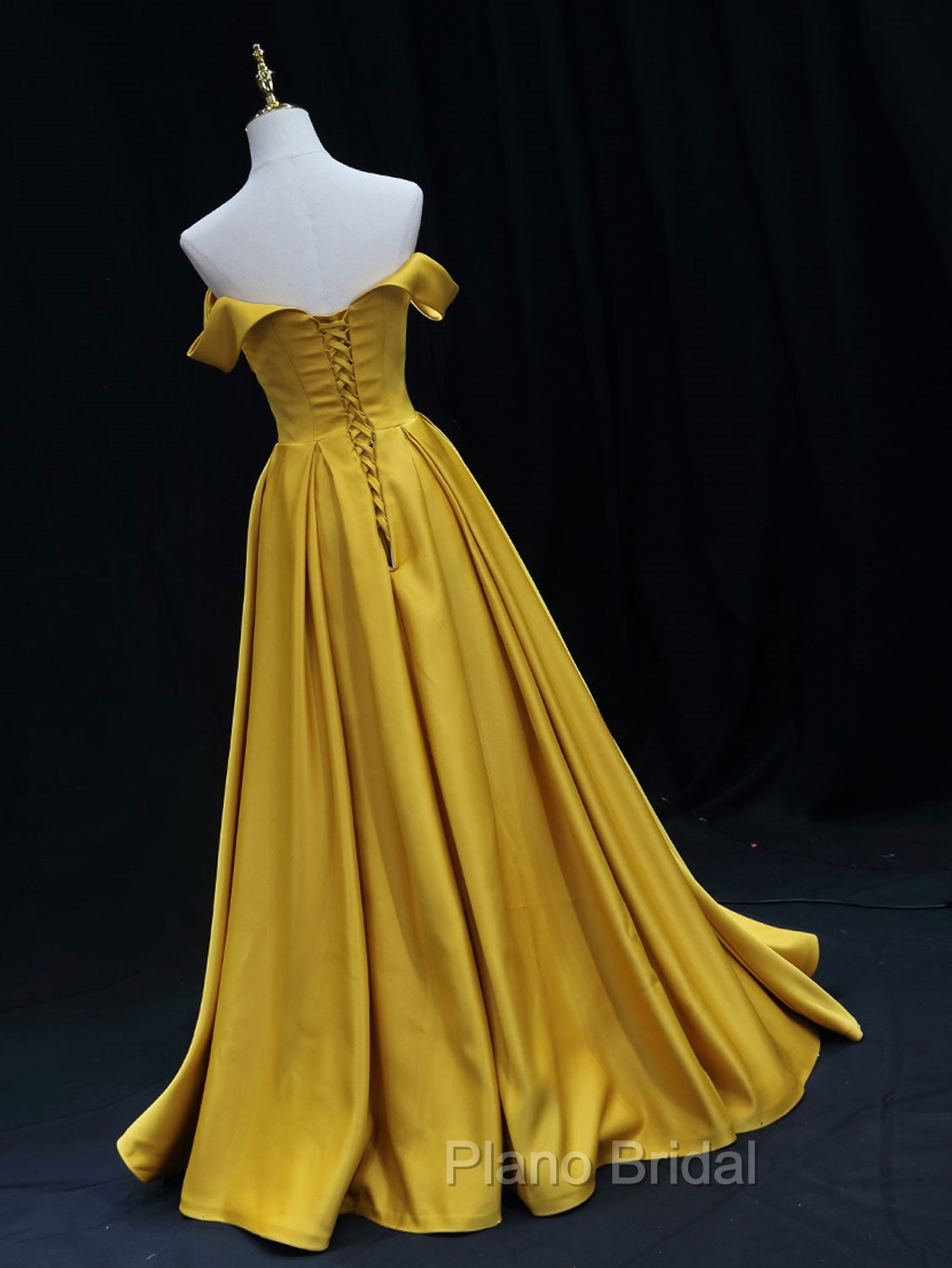 Simple Off Shoulder Satin Yellow Long Formal Prom Dresses, Yellow Long Formal Dresses