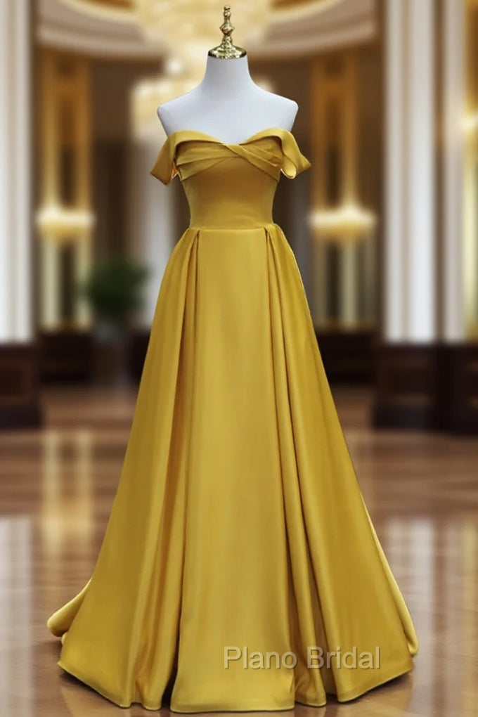 Simple Off Shoulder Satin Yellow Long Formal Prom Dresses, Yellow Long Formal Dresses