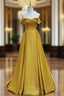 Simple Off Shoulder Satin Yellow Long Formal Prom Dresses, Yellow Long Formal Dresses