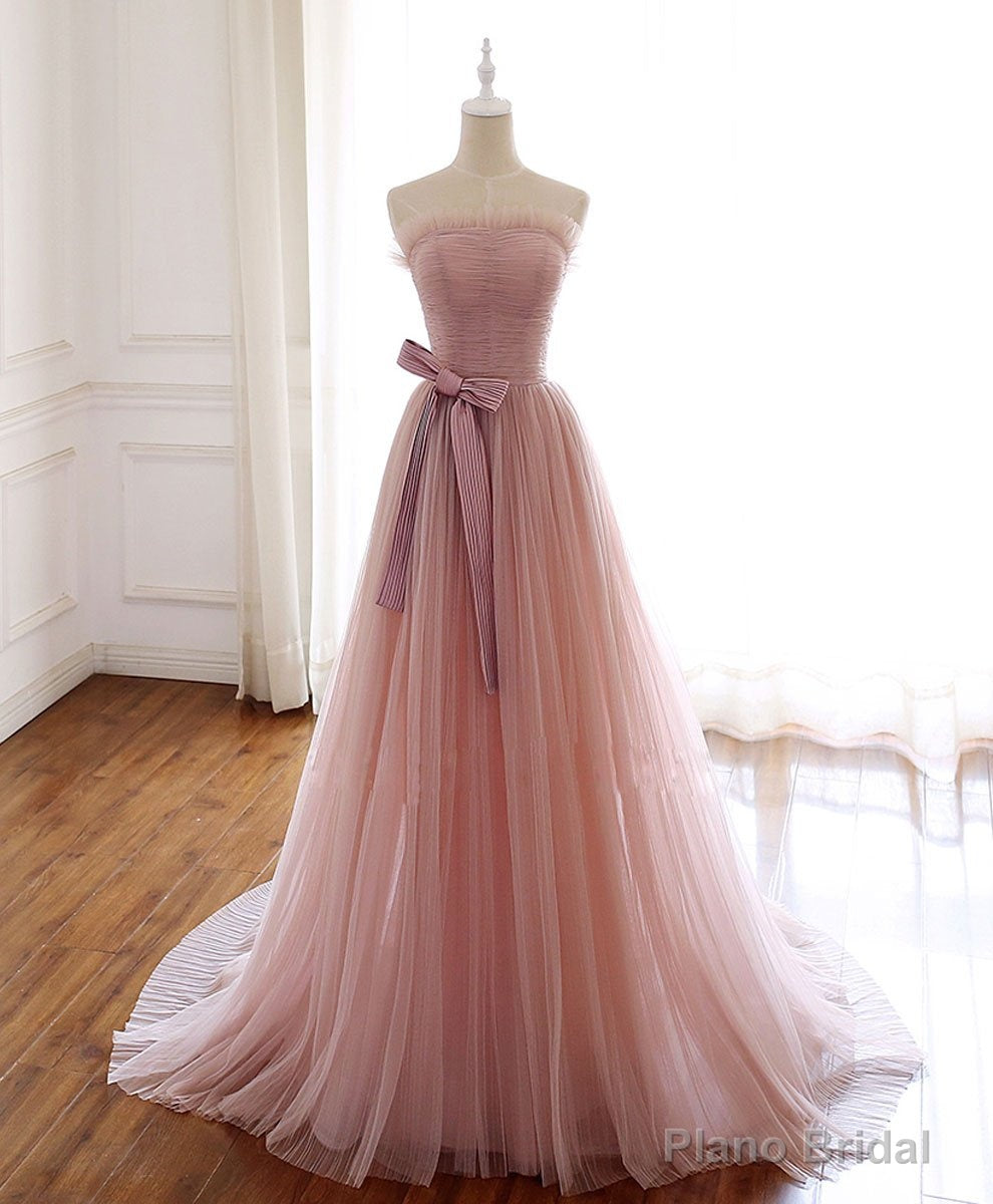 Simple Pink Fashionable Scoop Tulle Long Wedding Party Dress with Bow, Pink Long Formal Dress Main image