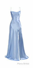 Simple Pink Spaghetti Straps Long Formal Prom Dresses with Split