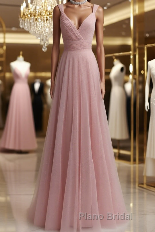 Simple pink tulle long Formal Prom dress pink tulle evening dress