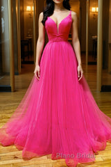 Simple pink v neck tulle long Formal Prom dress pink formal dress