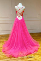 Simple pink v neck tulle long Formal Prom dress pink formal dress
