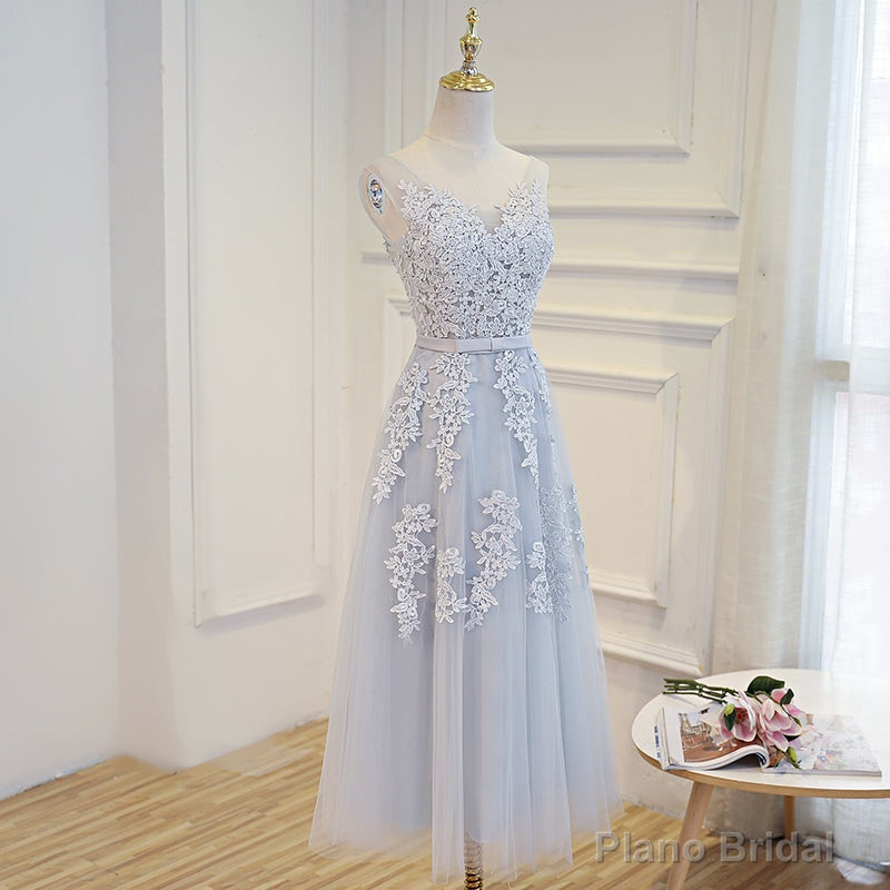 Simple Pretty Light Grey Tea Length Prom Dress, Tea Length Bridesmaid Dress Main image