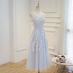 Simple Pretty Light Grey Tea Length Prom Dress, Tea Length Bridesmaid Dress