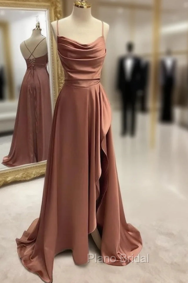 Simple Formal Prom Dresses, A-line Bateau Spaghetti Straps Long/Floor-Length Satin Formal Prom Dresses With Pleated Split Main image