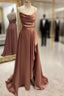 Simple Formal Prom Dresses, A-line Bateau Spaghetti Straps Long/Floor-Length Satin Formal Prom Dresses With Pleated Split